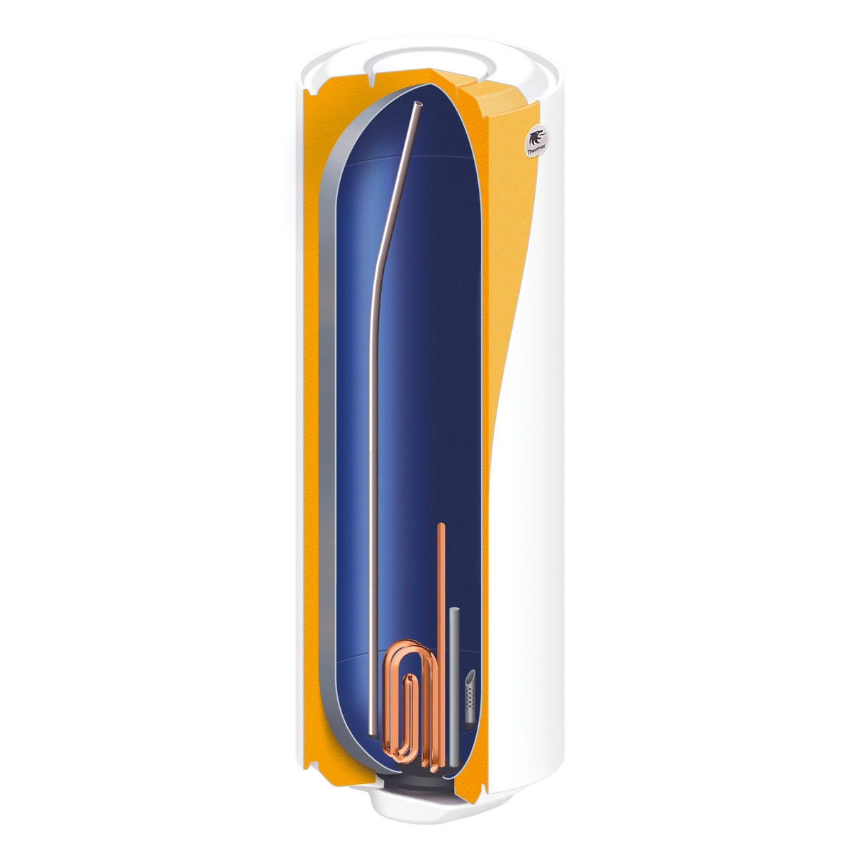 Chauffe-eau électrique Atlantic, blanc, coupe transversale avec intérieur bleu et éléments cuivre