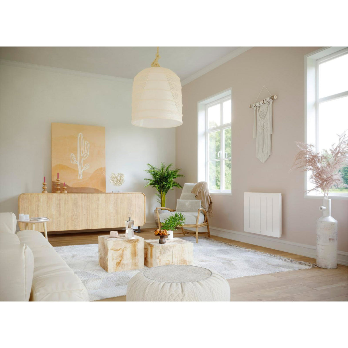 Radiateur électrique Atlantic, type panneau, couleur blanc dans un salon lumineux