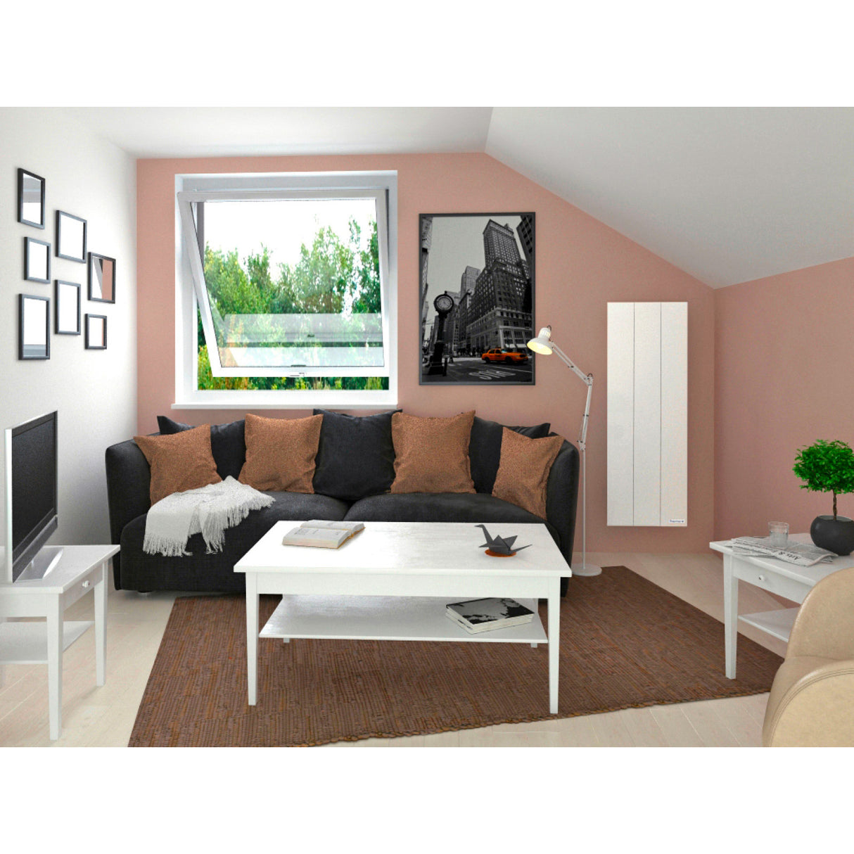 Radiateur Atlantic vertical blanc sur mur rose dans un salon moderne, type chauffage, couleur blanche.