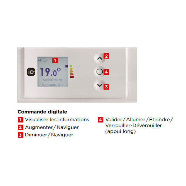 Thermostat digital blanc, marque IO, affichage LCD et boutons de réglage.
