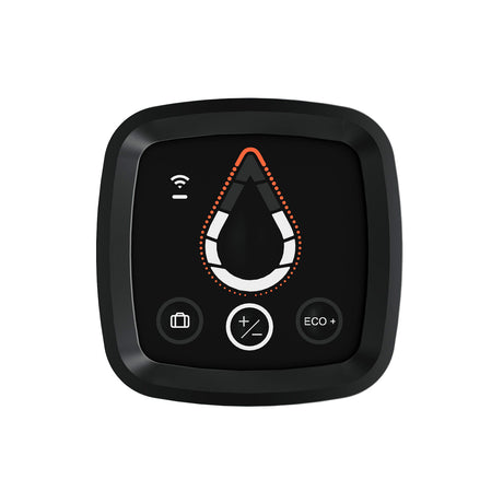 Contrôleur noir Grohe, panneau de commande électronique sanitaire, boutons blancs et orange.