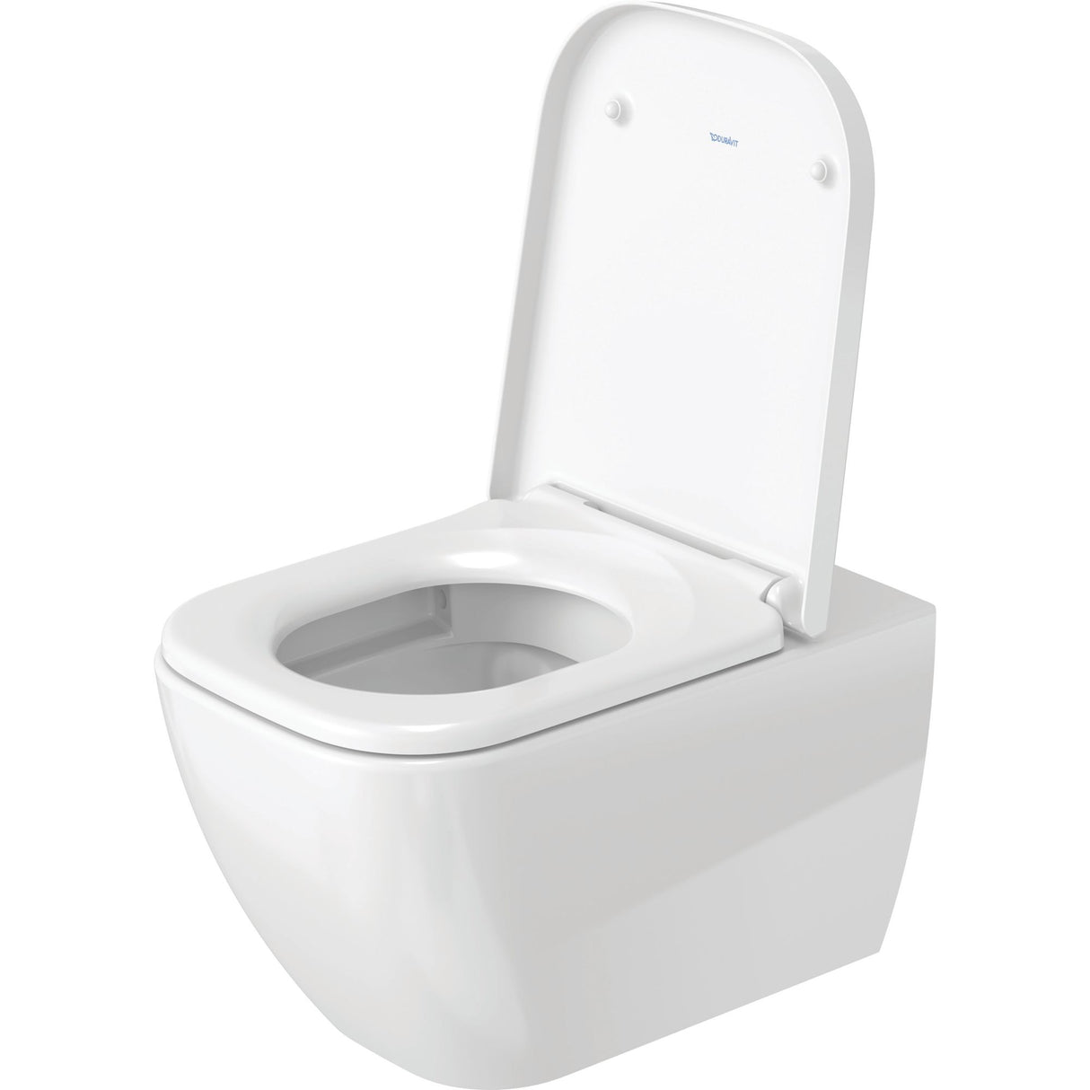 Toilette suspendue Duravit blanche, design moderne, couvercle relevé