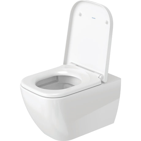 Toilette suspendue Duravit blanche, design moderne, couvercle relevé