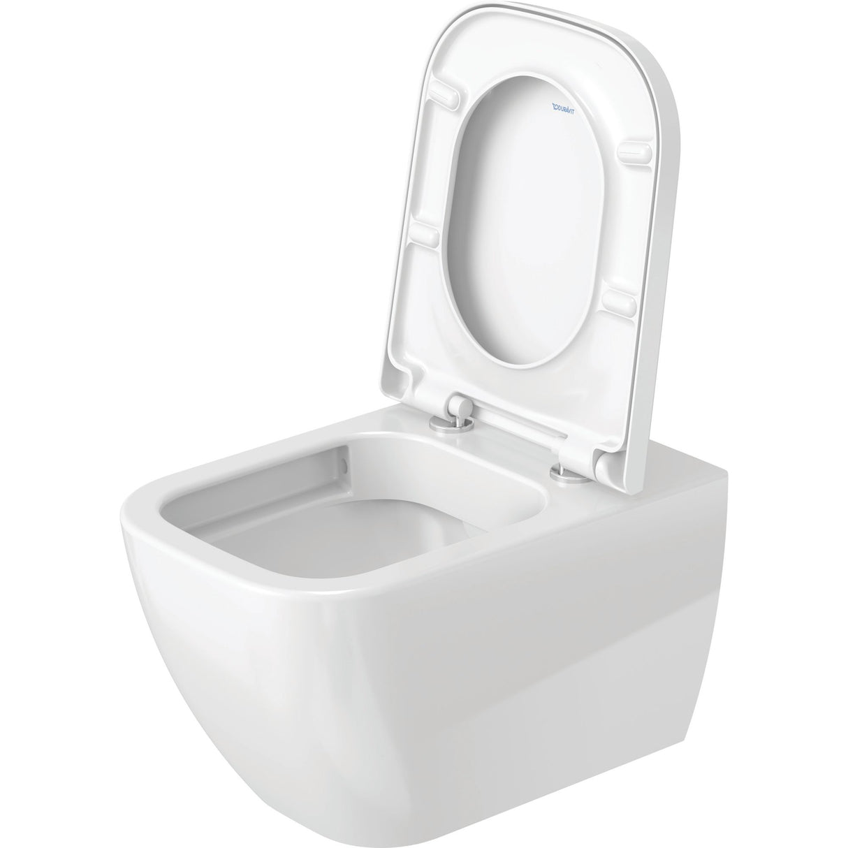 WC suspendu blanc de la marque Duravit, design moderne, abattant ouvert.
