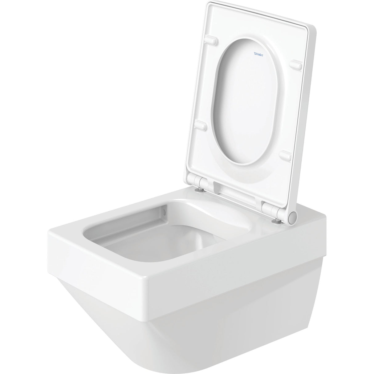 WC suspendu blanc Duravit avec abattant relevé, sanitaire moderne