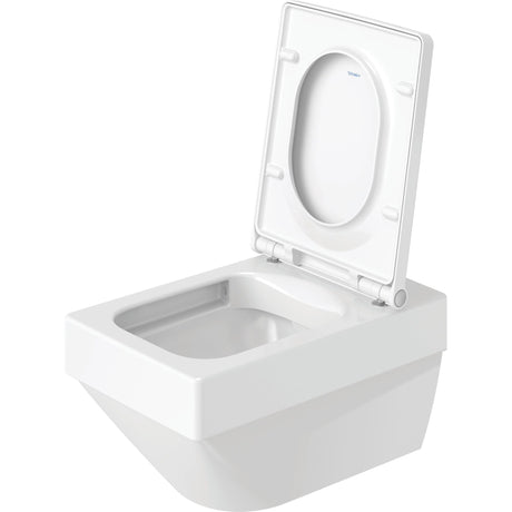 WC suspendu blanc Duravit avec abattant relevé, sanitaire moderne
