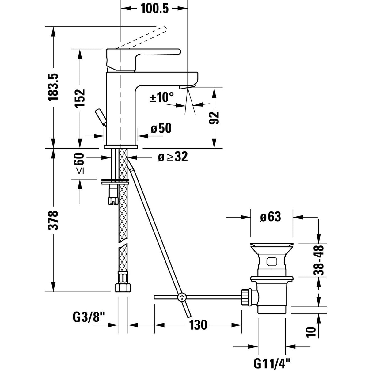 Schéma technique mitigeur lavabo Grohe, couleur chromé, dimensions détaillées.