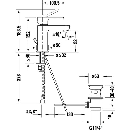Schéma technique mitigeur lavabo Grohe, couleur chromé, dimensions détaillées.