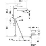 Mitigeur lavabo Grohe en chrome, schéma technique détaillé avec mesures