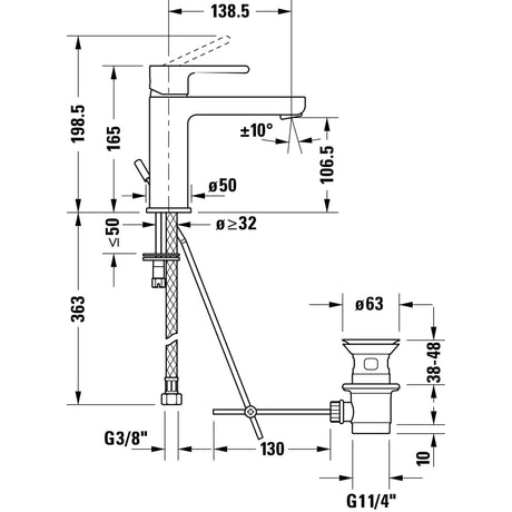 Mitigeur de lavabo Grohe chromé avec schéma technique et dimensions détaillées.