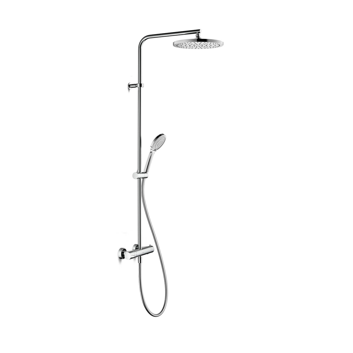 Colonne de douche Grohe chromée avec pommeau rond et douchette, robinetterie moderne.