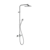 Colonne de douche Grohe chromée avec pommeau rond et douchette, robinetterie moderne.
