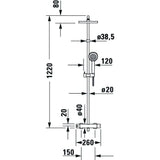 Douchette Grohe, colonne de douche chromée, schéma technique avec mesures précises