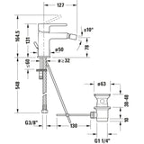 Schéma technique mitigeur lavabo Grohe, robinet chromé avec dimensions détaillées.