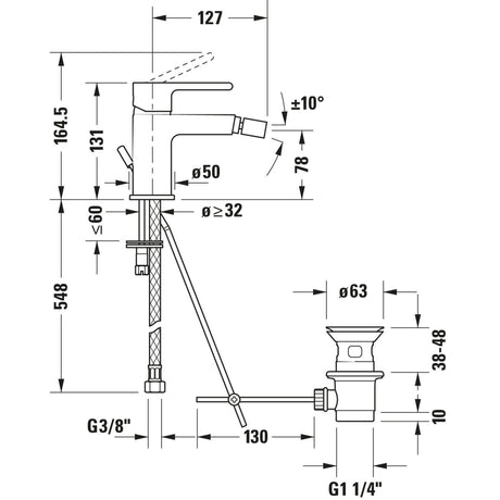 Schéma technique mitigeur lavabo Grohe, robinet chromé avec dimensions détaillées.