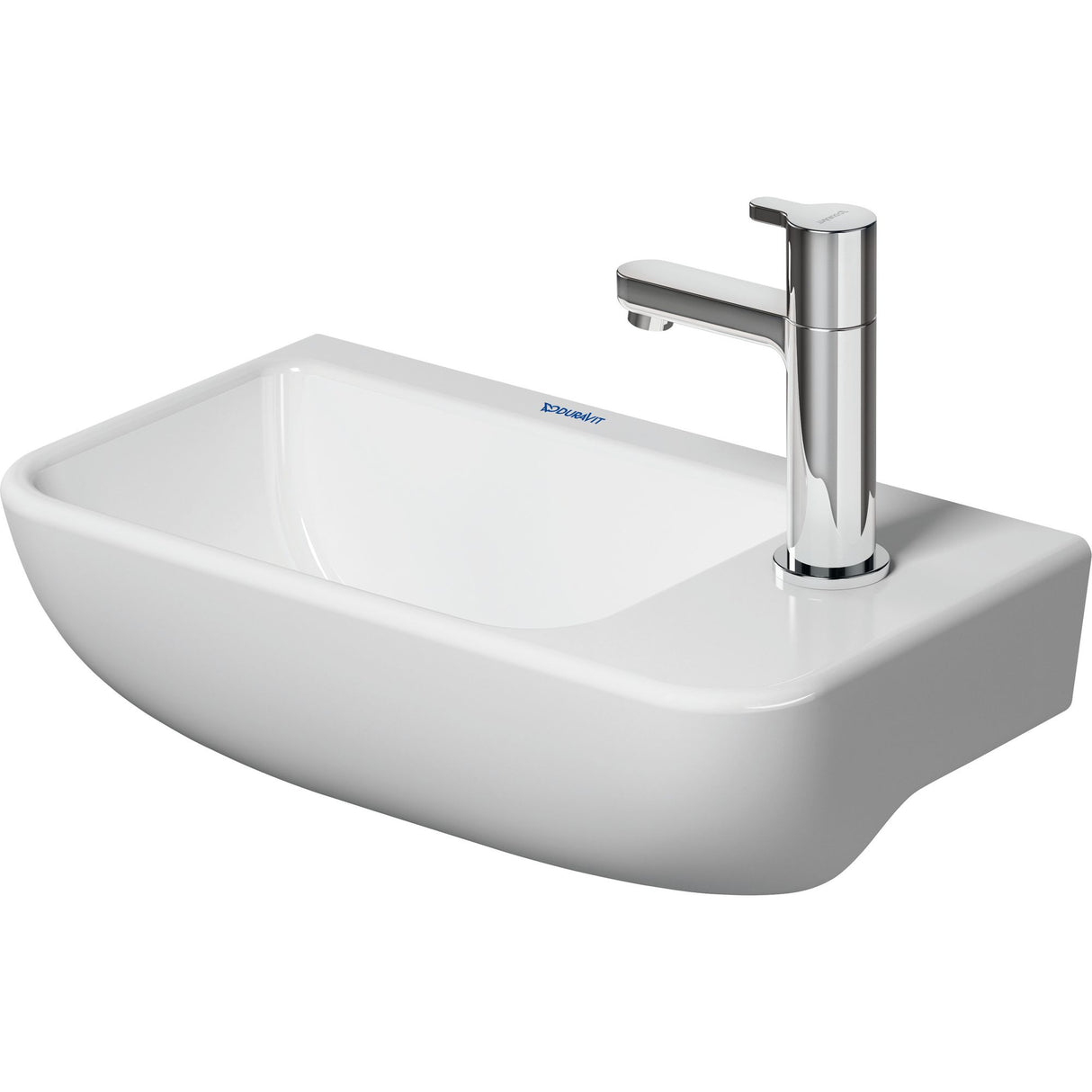 Lave-mains blanc Duravit avec robinet chromé, sanitaire moderne pour salle de bain.