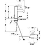 Schéma technique mitigeur lavabo Grohe, robinet chromé, dimensions détaillées en noir et blanc