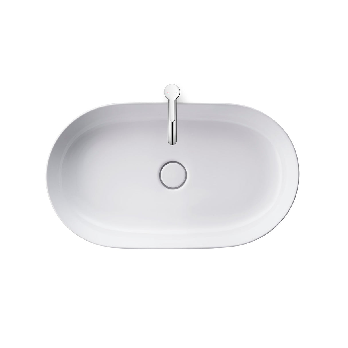 Vasque à poser Grohe blanche, forme ovale, vue du dessus, robinet inclus