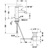 Schéma technique mitigeur lavabo Grohe, robinet chromé, avec cotes et mesures détaillées.