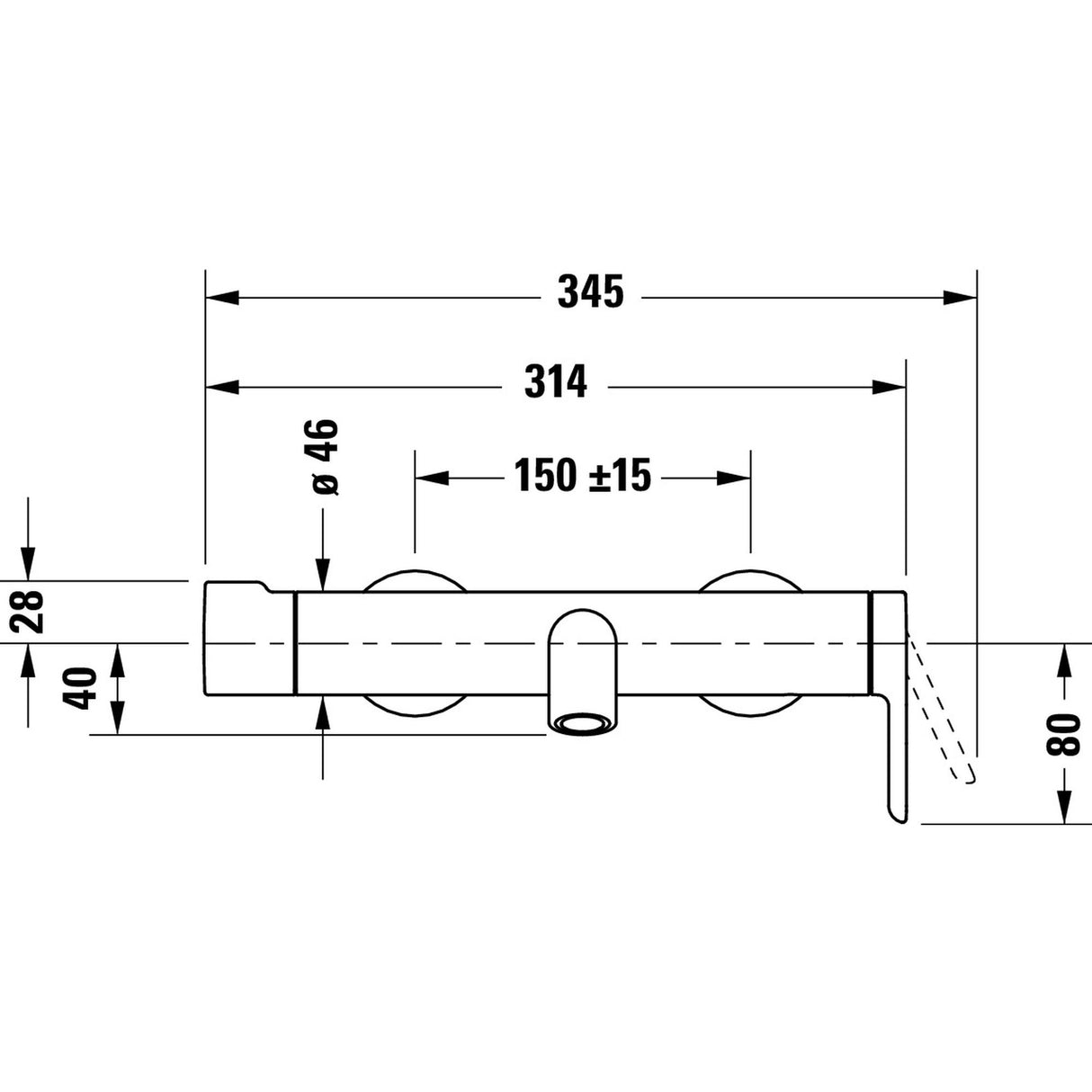 Mitigeur mural Grohe, robinet de baignoire chromé, schéma technique avec dimensions