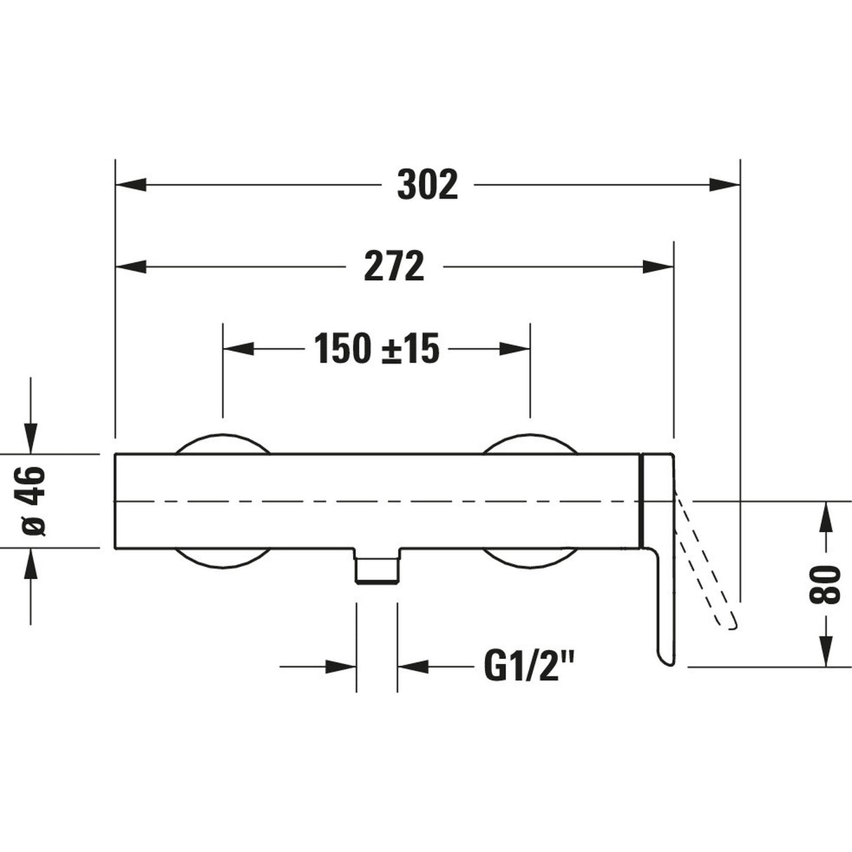 Robinet de douche Grohe, mitigeur mural chromé, schéma technique avec mesures
