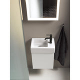 Lavabo blanc Duravit, meuble vasque salle de bain, robinet noir, design moderne