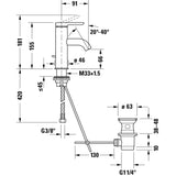 Schéma technique du mitigeur Grohe, robinet de lavabo, couleur chromée, avec cotes précises.