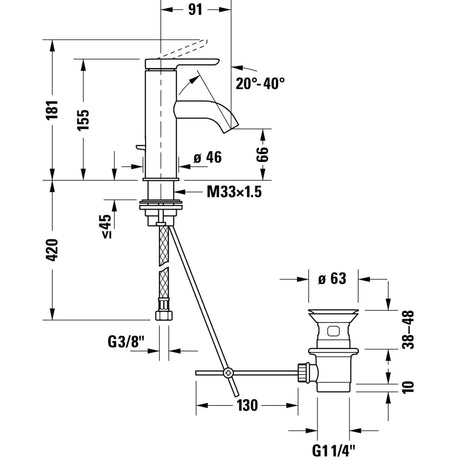 Schéma technique du mitigeur Grohe, robinet de lavabo, couleur chromée, avec cotes précises.
