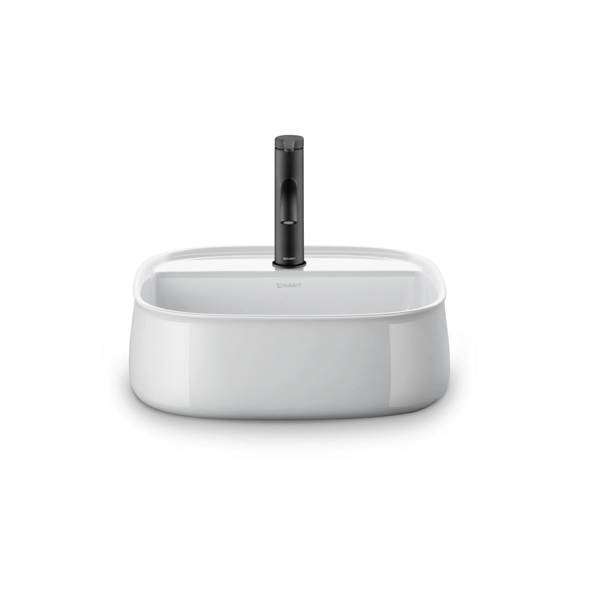 Mitigeur Duravit noir sur lavabo blanc, robinetterie salle de bain moderne.