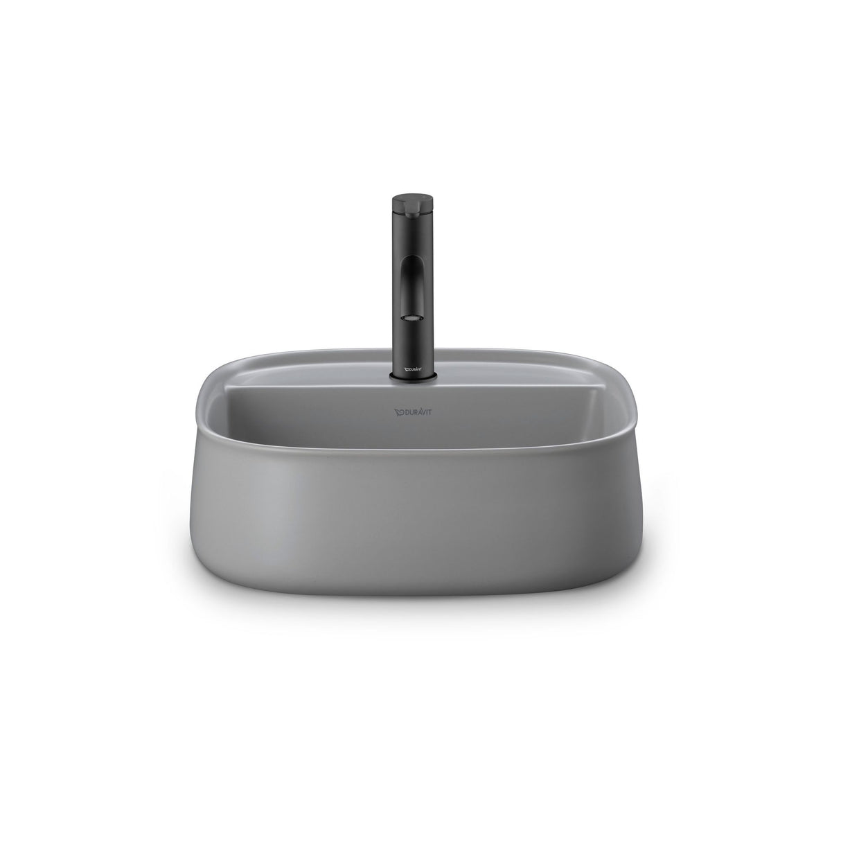 Vasque grise Duravit avec robinet automatique noir, design moderne pour salle de bain