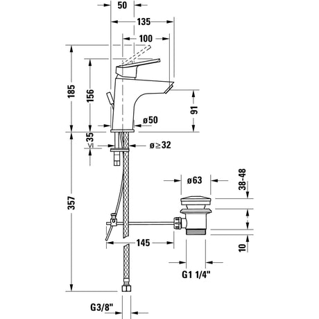 Schéma technique du mitigeur lavabo Grohe chromé avec dimensions détaillées.