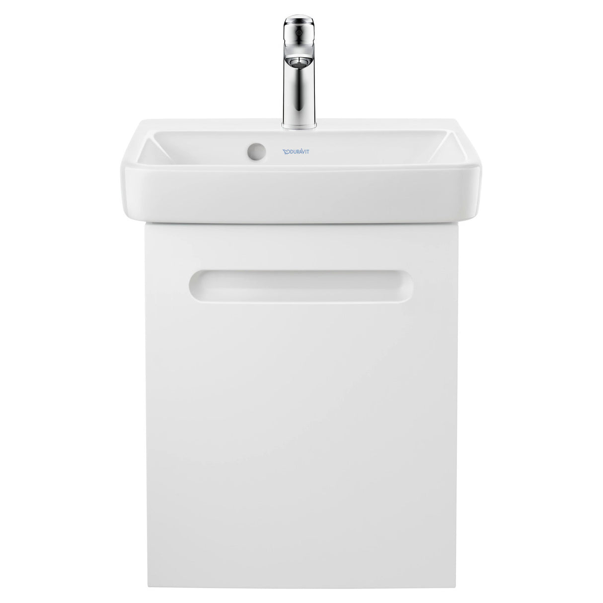 Meuble de salle de bain blanc Duravit avec vasque rectangulaire et robinet chrome