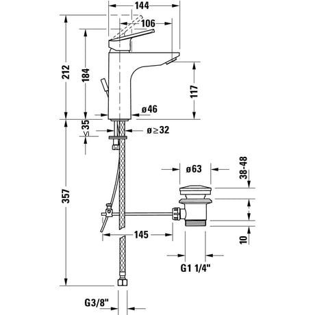 Mitigeur lavabo Grohe chromé, schéma technique et dimensions détaillées
