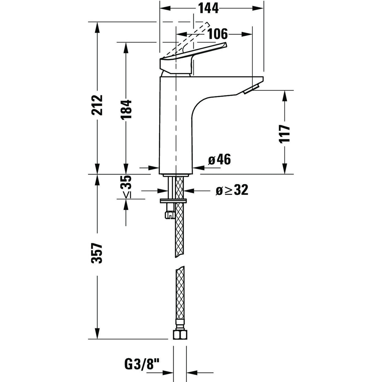 Mitigeur Grohe pour lavabo, robinet chromé, schéma technique avec mesures détaillées