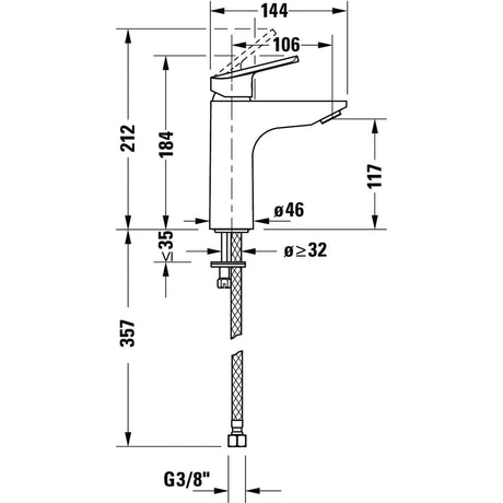 Mitigeur Grohe pour lavabo, robinet chromé, schéma technique avec mesures détaillées