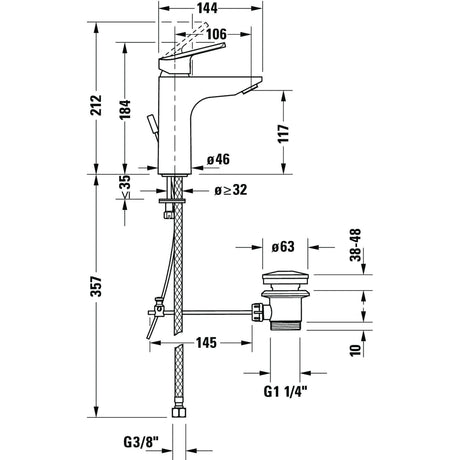 Mitigeur lavabo Grohe chromé, plan technique avec dimensions détaillées.
