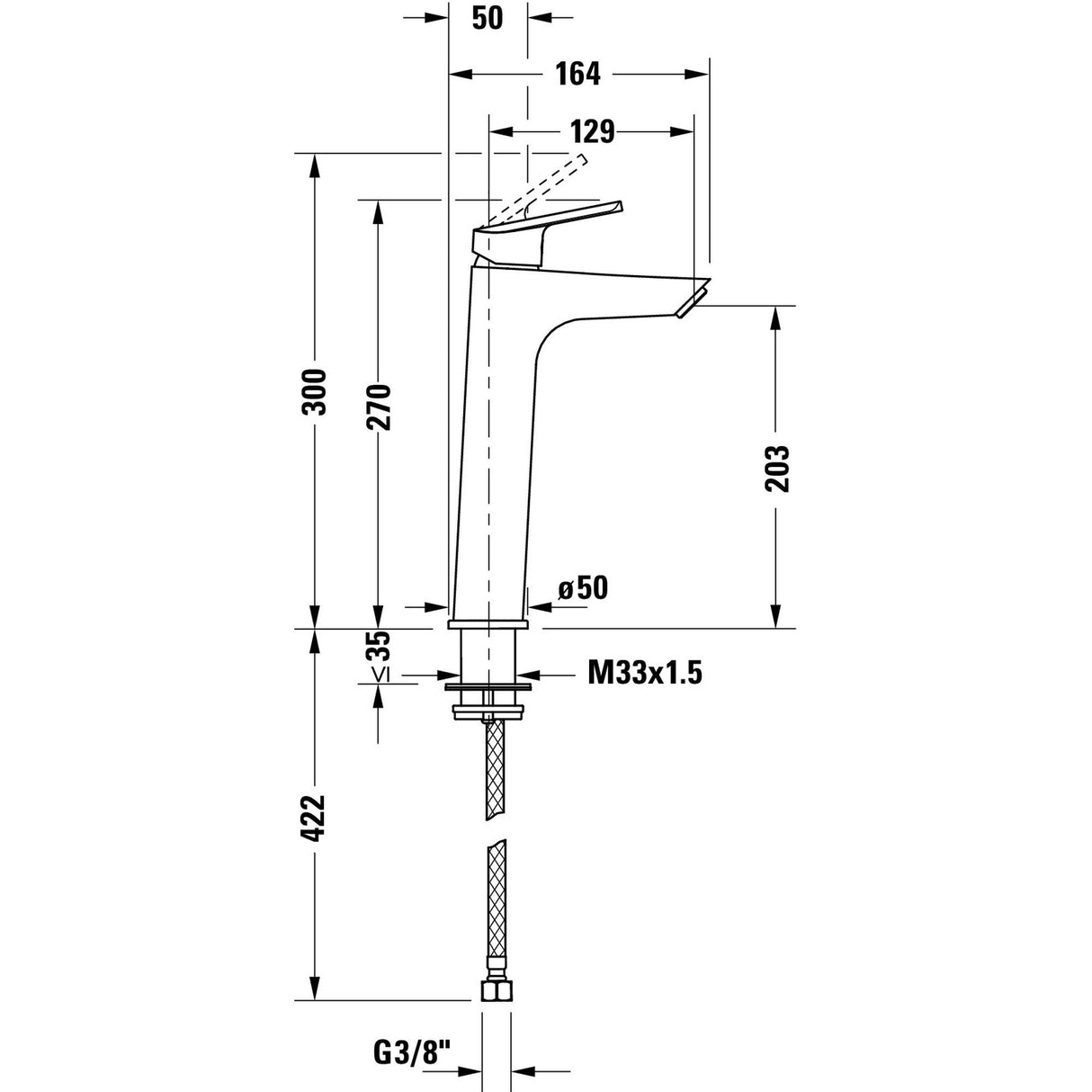 Robinet de lavabo Grohe, mitigeur chromé, schéma technique avec dimensions.