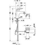 Plan technique du mitigeur bidet chromé Grohe avec cotes détaillées.