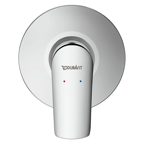 Mitigeur de douche Duravit chromé, robinetterie salle de bain couleur argent.