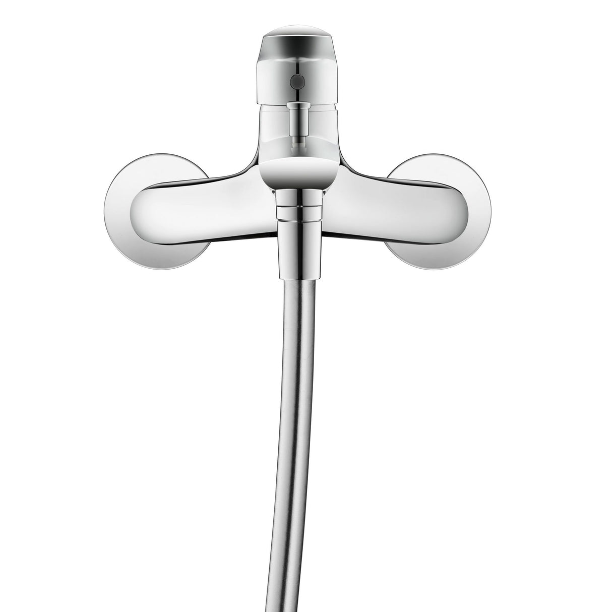 Mitigeur de douche Grohe chromé, robinetterie murale design, couleur argent.