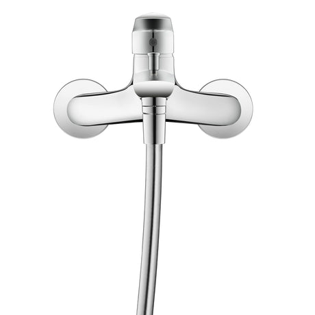 Mitigeur de douche Grohe chromé, robinetterie murale design, couleur argent.