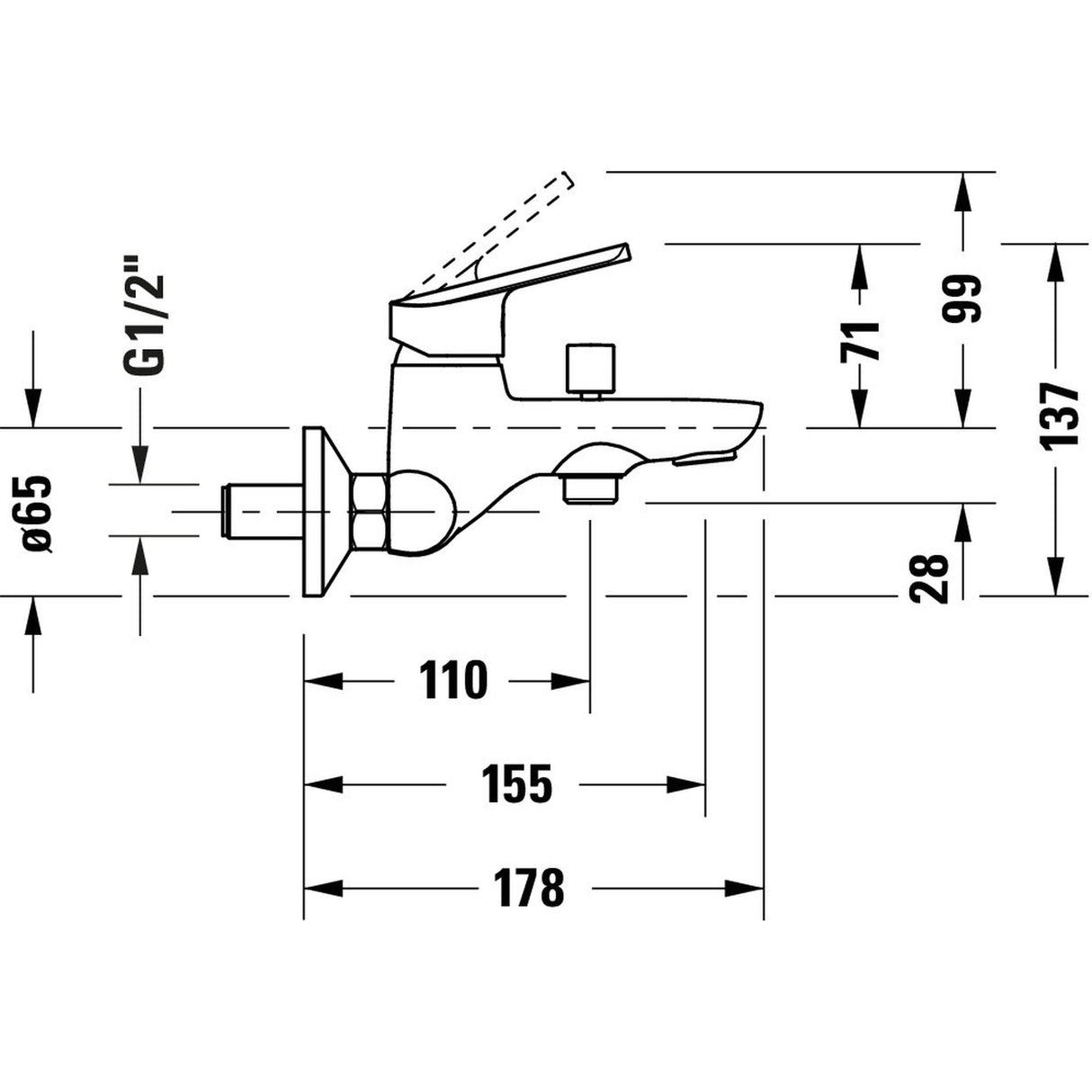 Mitigeur bain-douche Grohe chromé, schéma technique avec cotes précises.