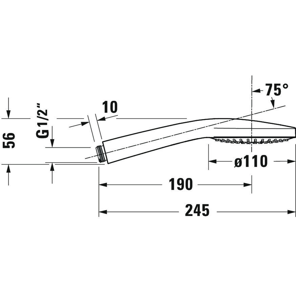 Douchette Grohe, type pommeau de douche, couleur chrome, plan schématique avec mesures