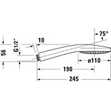 Douchette Grohe, type pommeau de douche, couleur chrome, plan schématique avec mesures