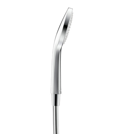 Douchette chromée Hansgrohe, pommeau de douche rectiligne, couleur argentée.