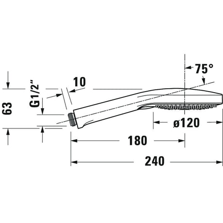 Douchette Grohe, type douche à main, couleur chromée, avec schéma technique et dimensions.