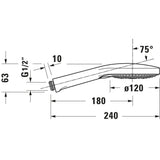 Douchette Grohe, accessoire de douche, couleur chromée, schéma avec dimensions précises