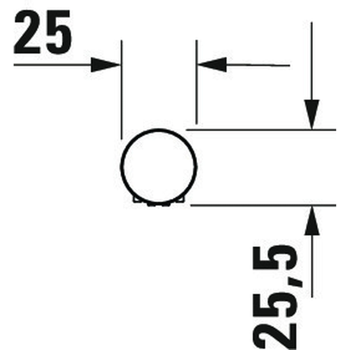 Schéma technique Grohe, tube rond sanitaire, couleur noire, dimensions 25x25,5 mm
