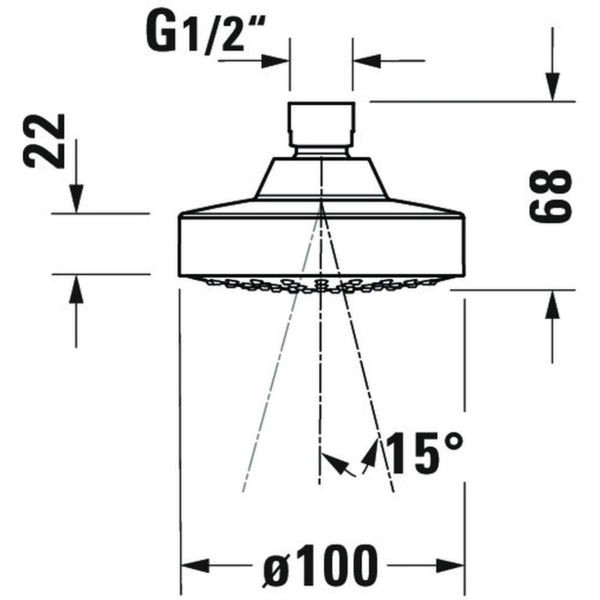 Pommeau de douche Grohe rond chromé, diamètre 100 mm, schéma technique.