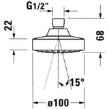 Pommeau de douche Grohe rond chromé, diamètre 100 mm, schéma technique.